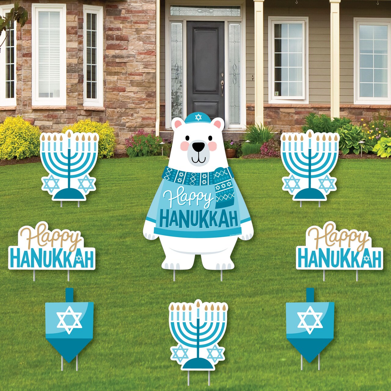 Big Dot of Happiness Hanukkah Bear - Yard Sign and Outdoor Lawn Decorations - Holiday Sweater Party Yard Signs - Set of 8